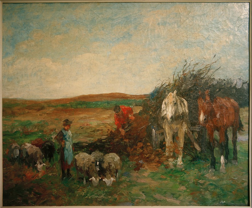 Thomas Ludwig Herbst, Reisigfuhrwerk und Schafe (Arbeit,Bauer (Landwirt),Deutsche Kunst,Forstwirtschaft,Kunst,Landschaft,Mann,Mensch,Pferdefuhrwerk,Pferd (Tier),Pferdewagen,Reisig,Schafzucht,Transport,Wagen,Impressionismus,Hirte,Schaf,Feld,Im Freien (Allgemein),Tierleben,Landleben,Zugtier,Tier,Schafherd)