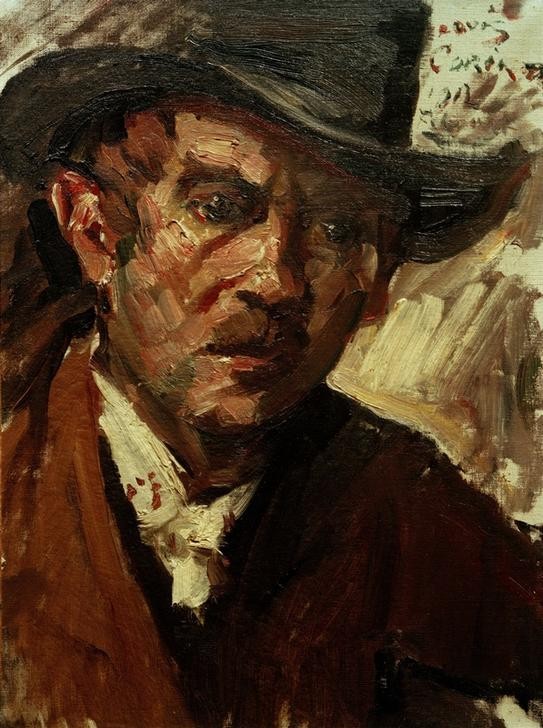 Lovis Corinth, Selbstbildnis mit schwarzem Hut (Deutsche Kunst,Herrenhut,Kopfbedeckung,Künstler,Kunst,Maler (Künstler),Mann,Impressionismus,Hut,Selbstbildnis,Portrait,Brustbild,Person)