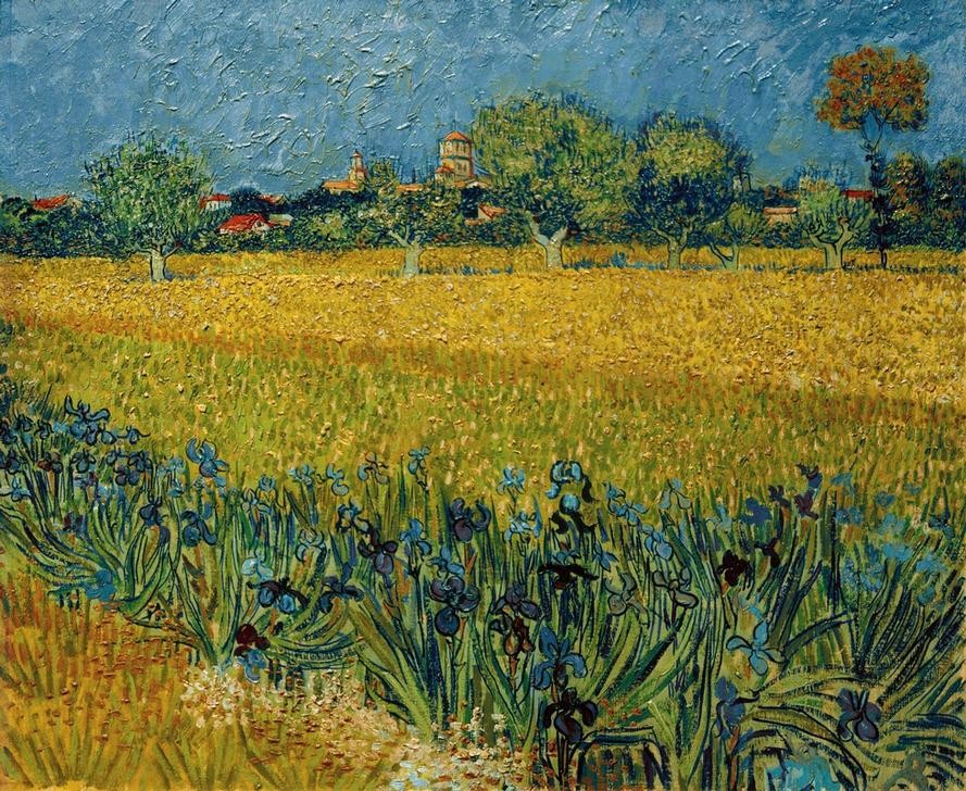 Vincent van Gogh, Blick auf Arles mit Irisblüten im Vordergrund (Botanik,Iris (Botanik),Kunst,Landschaft,Impressionismus,Wiese,Stadtansicht,Niederländische Kunst,Feld,Holländische Kunst,Blume,Blüte,Postimpressionismus)