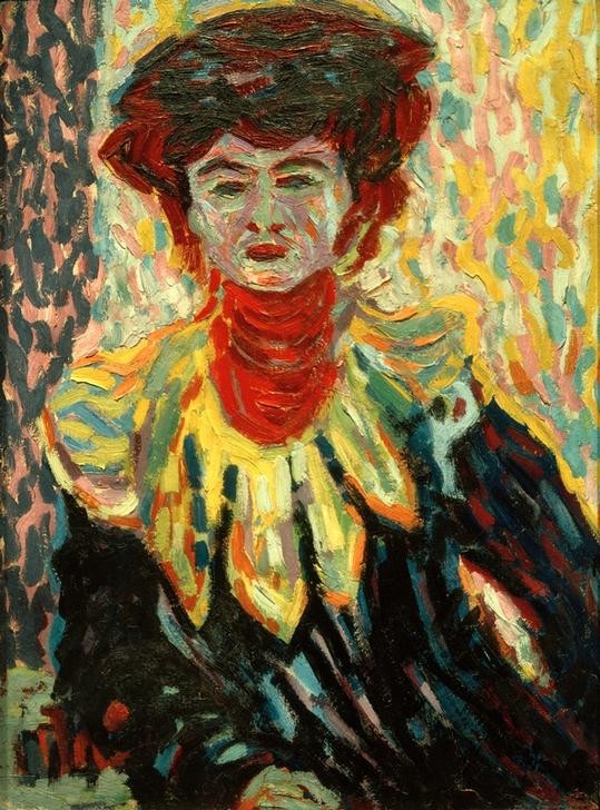Ernst Ludwig Kirchner, Doris mit Halskrause (Deutsche Kunst,Frau,Mensch,Portrait,Expressionismus,Die Brücke,Halskrause,Kragen,Jahrhundertwende,Halbfigur,Farbigkeit,Postimpressionismus)