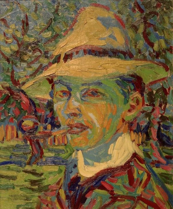 Ernst Ludwig Kirchner, Selbstbildnis mit Pfeife (Deutsche Kunst,Herrenhut,Künstler,Maler (Künstler),Mann,Hut,Pfeife (Tabak),Rauchen,Selbstbildnis,Portrait,Expressionismus,Die Brücke,Person,Raucher,Postimpressionismus)