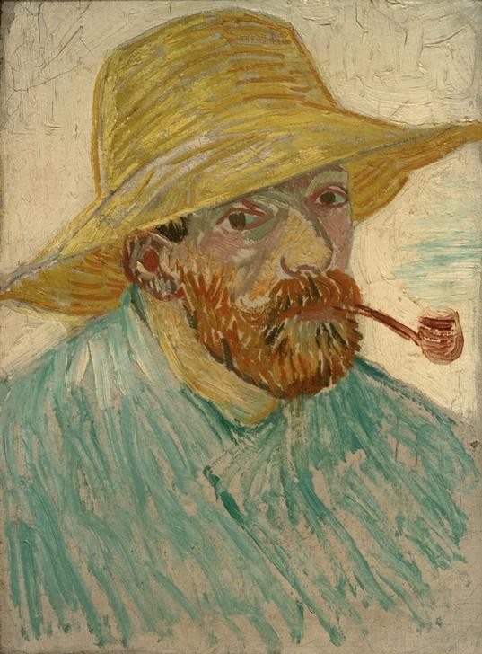 Vincent van Gogh, Selbstbildnis mit Strohhut (Herrenhut,Kopfbedeckung,Künstler,Kunst,Maler (Künstler),Mann,Mensch,Impressionismus,Bart,Hut,Pfeife (Tabak),Rauchen,Selbstbildnis,Portrait,Strohhut,Niederländische Kunst,Holländische Kunst,Vollbart,Brustbild,Raucher)
