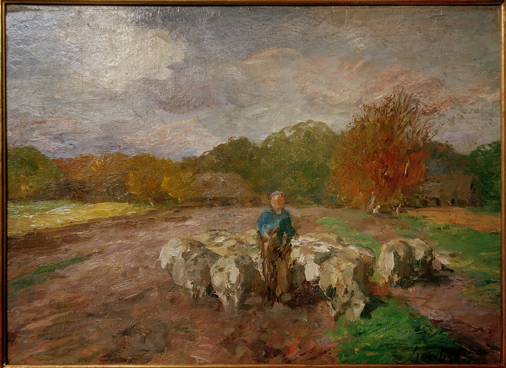 Thomas Ludwig Herbst, Schafherde im Sonnenlicht (Bauer (Landwirt),Beruf,Deutsche Kunst,Kunst,Landschaft,Mann,Mensch,Schafzucht,Impressionismus,Hirte,Schaf,Licht,Im Freien (Allgemein),Tierleben,Landleben,Sonnenlicht,Tier,Schafherde,Landbevölkerung,Herde,Jahrhundertwende,Vieh,Tierzucht,Männerleben,Nutztie)