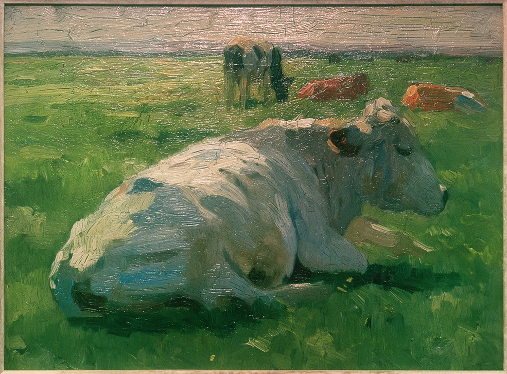 Thomas Ludwig Herbst, Liegende Kuh (Biologie,Deutsche Kunst,Kunst,Landschaft,Rinderzucht,Rind,Zoologie,Impressionismus,Fluss,Wiese,Im Freien (Allgemein),Tierleben,Tierhaltung,Ausruhen,Tier,Herde,Jahrhundertwende,Vieh,Liegen,Säugetier,Tierstudie,Freilandhaltung,Marschlandschaft,Tierzucht,Wei)
