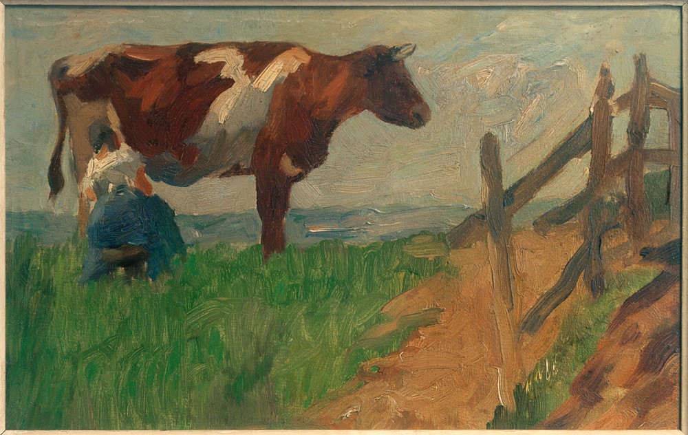 Thomas Ludwig Herbst, Melkende Bäuerin (Arbeit,Biologie,Deich,Deutsche Kunst,Frau,Kunst,Landschaft,Mensch,Milchwirtschaft,Milch,Rinderzucht,Rind,Zoologie,Impressionismus,Nahrungsmittel,Zaun,Wiese,Bäuerin,Melken,Rückenfigur,Im Freien (Allgemein),Tierleben,Tierhaltung,Landleben,Frau Und Tier,Frau)
