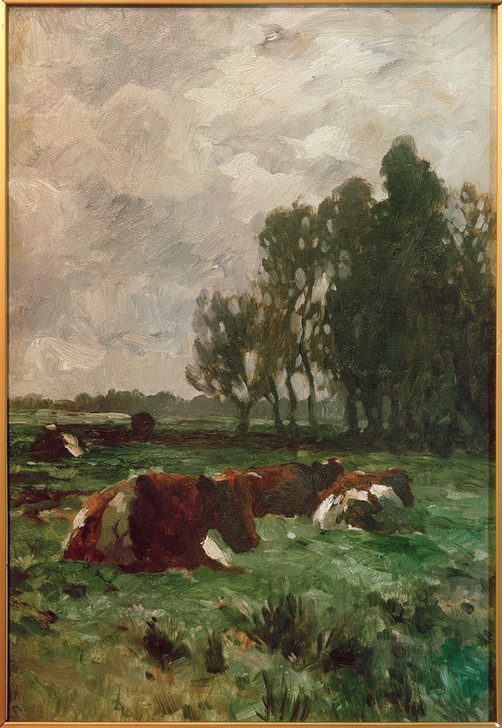 Thomas Ludwig Herbst, Kühe auf der Weide (Biologie,Deutsche Kunst,Kunst,Landschaft,Rinderzucht,Rind,Zoologie,Impressionismus,Baum,Wiese,Im Freien (Allgemein),Tierleben,Tierhaltung,Tier,Vieh,Liegen,Freilandhaltung,Tierzucht,Nutztier,Hamburgischer Künstlerclub,Landwirtschaft,Viehzucht,Weide (Wiese))
