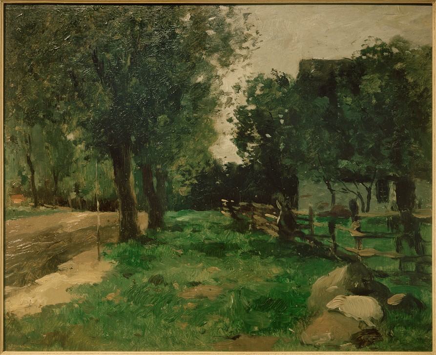Thomas Ludwig Herbst, Dorfstraße (Architektur,Bauernhaus,Bauernhof,Deutsche Kunst,Dorfstrasse,Dorf,Haus,Kunst,Landschaft,Strasse (Allgemein),Impressionismus,Zaun,Baum,Architekturdarstellung,Gartenzaun,Ansicht,Aussenansicht,Hamburgischer Künstlerclub,Landwirtschaft)
