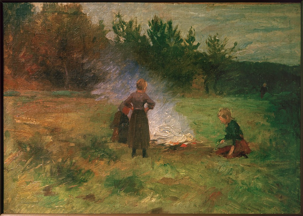 Thomas Ludwig Herbst, Mädchen am Lagerfeuer (Deutsche Kunst,Dorfkind,Feuerstelle,Feuer,Freundschaft (Allgemein),Kind,Kunst,Landschaft,Mädchen,Mensch,Impressionismus,Wiese,Lagerfeuer,Im Freien (Allgemein),Landleben,Kinderleben,Landbevölkerung,Jahrhundertwende,Freundin,Hamburgischer Künstlerclub)