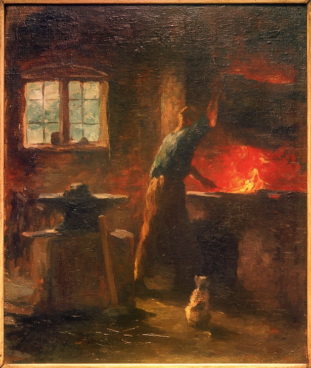 Thomas Ludwig Herbst, Schmiede in Tangstedt (Arbeiter,Arbeit,Beruf,Deutsche Kunst,Fenster,Feuer,Handwerk Und Gewerbe,Kunst,Mann,Mensch,Schmied,Werkstatt (Allgemein),Impressionismus,Werkzeug,Schmiede,Hammer,Amboss,Innenansicht,Metallverarbeitung,Jahrhundertwende,Männerleben,Hamburgischer Künstlerclub)