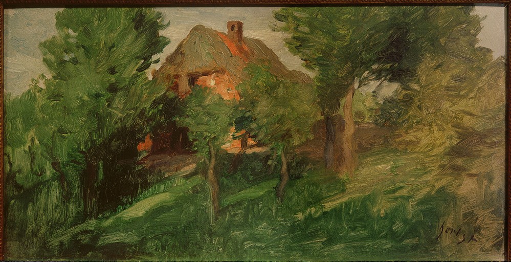 Thomas Ludwig Herbst, Rotes Haus hinter Bäumen (Architektur,Bauernhaus,Bauernhof,Deutsche Kunst,Dorf,Haus,Kunst,Landschaft,Impressionismus,Baum,Architekturdarstellung,Ansicht,Aussenansicht,Jahrhundertwende,Hamburgischer Künstlerclub,Landwirtschaft,Signatur)
