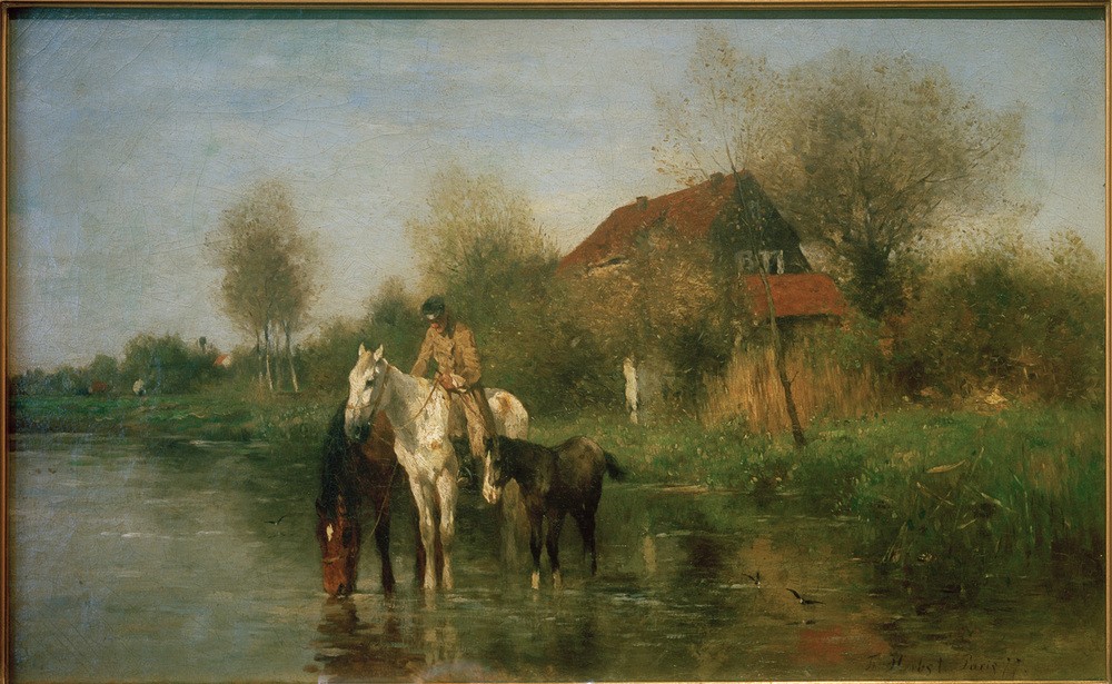 Thomas Ludwig Herbst, Pferde am Wasser (Architektur,Deutsche Kunst,Gewässer,Haus,Kunst,Landschaft,Mann,Mensch,Pferd (Tier),Wasser,Zoologie,Impressionismus,Reiter,Trinken,Fluss,Tränke,Architekturdarstellung,Tierleben,Ufer,Tier,Reiten,Jungtier,Tränken,Fohlen,Schimmel (Pferd),Mensch Und Tier,Hambu)
