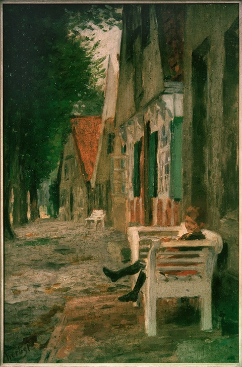 Thomas Ludwig Herbst, Straße mit Mädchen auf der Bank (Architektur,Deutsche Kunst,Haus,Kind,Kunst,Mädchen,Mensch,Möbel,Bank (Sitzgelegenheit),Sitzmöbel,Strasse (Allgemein),Strassenszene,Wohnhaus (Allgemein),Impressionismus,Langeweile,Einsamkeit,Architekturdarstellung,Im Freien (Allgemein),Kinderleben,Sitzen,H)