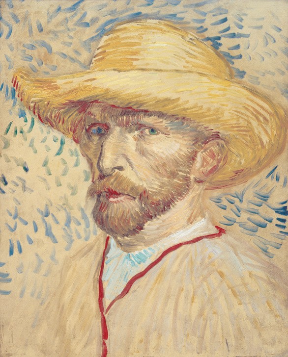 Vincent van Gogh, Selbstbildnis mit Strohhut und Malerkittel (Künstler,Maler (Künstler),Mann,Impressionismus,Bart,Hut,Selbstbildnis,Portrait,Strohhut,Kittel,Niederländische Kunst,Brustbild,Malerkittel,Person)