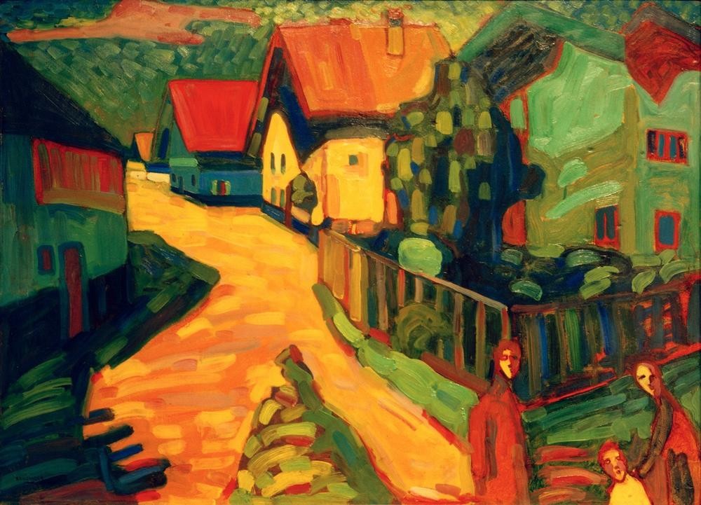 Wassily Kandinsky, Murnau: Straße mit Frauen (Dorfstrasse,Dorf,Kunst,Strassenszene,Expressionismus,Der Blaue Reiter,Russische Kunst,Architekturdarstellung,Frauenleben,Begegnung,Schwätzchen,Dorfleben,Unterhaltung (Gespräch))