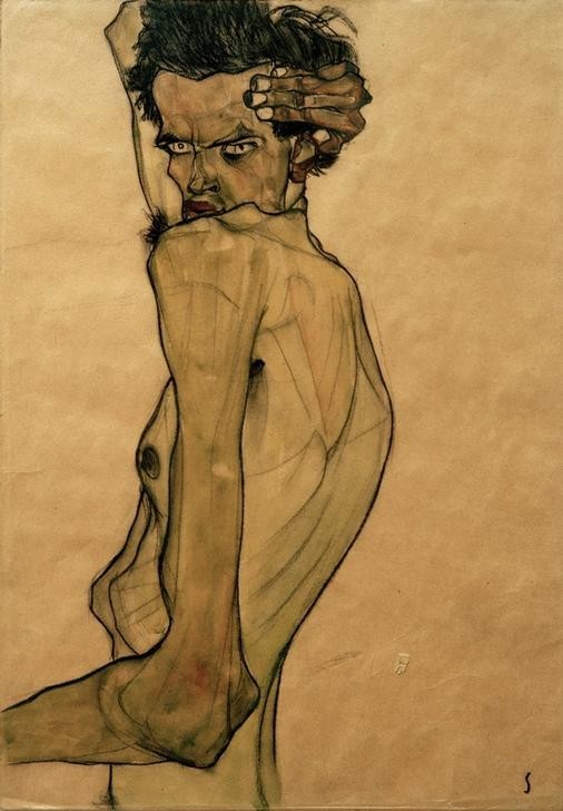 Egon Schiele, Selbstbildnis mit Arm über Kopf gezogen (Künstler,Maler (Künstler),Mann,Zeichner,Selbstbildnis,Akt,Portrait,Gestik,Expressionismus,Österreichische Kunst,Halbakt,Pose,Halbfigur,Person)