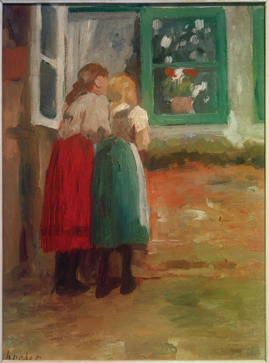 Thomas Ludwig Herbst, Zwei Mädchen am Fenster (Bauernhaus,Deutsche Kunst,Dorfkind,Dorf,Fenster,Kind,Kunst,Mädchen,Mensch,Impressionismus,Neugier,Interieur,Rückenfigur,Kinderleben,Innenansicht,Landbevölkerung,Jahrhundertwende,Fenster (Geöffnet),Hamburgischer Künstlerclub,Signatur)