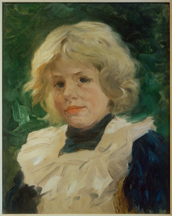 Thomas Ludwig Herbst, Bildnis eines blonden Mädchens (Deutsche Kunst,Dorfkind,Dorf,Kindermode,Kind,Kunst,Mädchen,Mensch,Mode,Impressionismus,Portrait,Schürze,Blonde Haare,Kleidung (Allgemein),Landbevölkerung,Jahrhundertwende,Locke,Blick Aus Dem Bild,Brustbild,Halbprofil,Hamburgischer Künstlerclub)