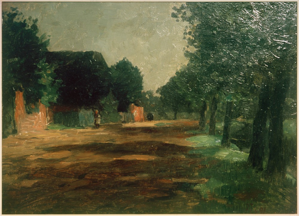 Thomas Ludwig Herbst, Dorfstraße in Siethwende (Architektur,Bauernhaus,Bauernhof,Deutsche Kunst,Dorfstrasse,Dorf,Haus,Kunst,Landschaft,Strasse (Allgemein),Impressionismus,Baum,Architekturdarstellung,Ansicht,Aussenansicht,Hamburgischer Künstlerclub,Landwirtschaft)