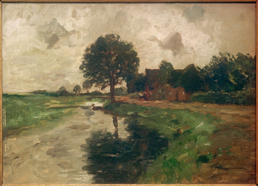 Thomas Ludwig Herbst, Kanal in Siethwende (Bauernhaus,Bauernhof,Deutsche Kunst,Dorf,Gewässer,Haus,Kanal,Kunst,Landschaft,Impressionismus,Spiegelung,Baum,Hamburgischer Künstlerclub)