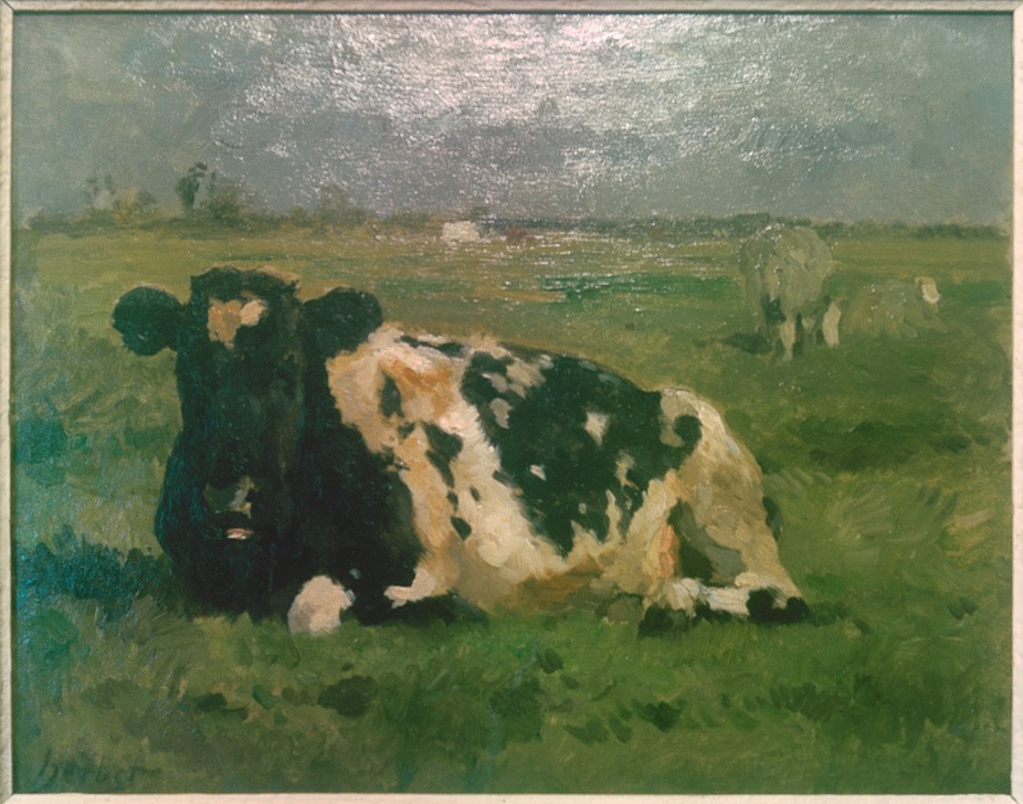 Thomas Ludwig Herbst, Ruhende Kuh (Biologie,Deutsche Kunst,Kunst,Landschaft,Rinderzucht,Rind,Zoologie,Impressionismus,Wiese,Im Freien (Allgemein),Tierleben,Tierhaltung,Ausruhen,Tier,Jahrhundertwende,Vieh,Liegen,Säugetier,Tierstudie,Freilandhaltung,Tierzucht,Schecke,Nutztier,Wiederkäuer,Ham)