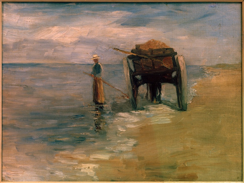 Thomas Ludwig Herbst, Seegrasfischerin (Arbeit,Deutsche Kunst,Fischerei,Frau,Küste,Kunst,Landschaft,Mensch,Strand,Transport,Volkskunde,Wagen,Wasserpflanze,Meer,Impressionismus,Im Freien (Allgemein),Ufer,Frauenleben,Fischerin,Pflanze,Land Und Leute,Hamburgischer Künstlerclub,Seegras)