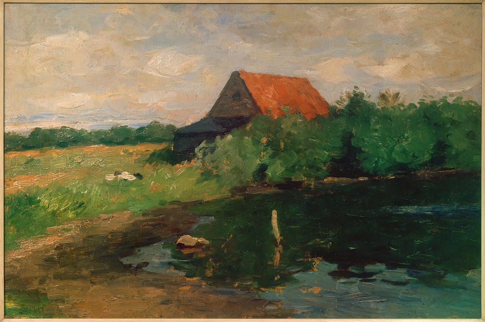Thomas Ludwig Herbst, Haus mit rotem Dach (Architektur,Bauernhaus,Bauernhof,Dach,Deutsche Kunst,Gewässer,Haus,Kunst,Landschaft,Impressionismus,See,Wiese,Architekturdarstellung,Ansicht,Aussenansicht,Rot,Hamburgischer Künstlerclub,Landwirtschaft,Farbe)
