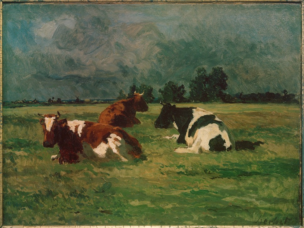 Thomas Ludwig Herbst, Drei Kühe auf der Weide (Biologie,Deutsche Kunst,Gewitter,Himmel (Natur),Kunst,Landschaft,Meteorologie,Rinderzucht,Rind,Wetter,Wolke,Zoologie,Impressionismus,Wiese,Im Freien (Allgemein),Tierleben,Tierhaltung,Tier,Vieh,Liegen,Säugetier,Schlechtes Wetter,Freilandhaltung,Tierzucht,S)