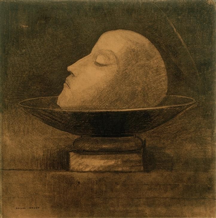Odilon Redon, Tête de Martyr posée sur une Coupe (Christentum,Enthaupten,Heilige,Kunst,Religion,Tod,Symbolismus,Schale (Gefäss), Martyrium, Märtyrer, Französische Kunst, Johannesschüssel, Profil, Kopf, Geschlossene Augen, Haupt Des Johannes)