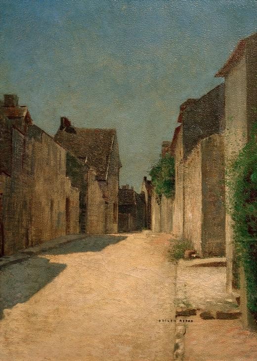 Odilon Redon, Rue à Samois (Architektur,Haus,Kunst,Strasse (Allgemein),Wohnhaus (Allgemein),Kleinstadt,Architekturdarstellung,Französische Kunst,Ansicht,Licht Und Schatten,Menschenleere,Signatur)