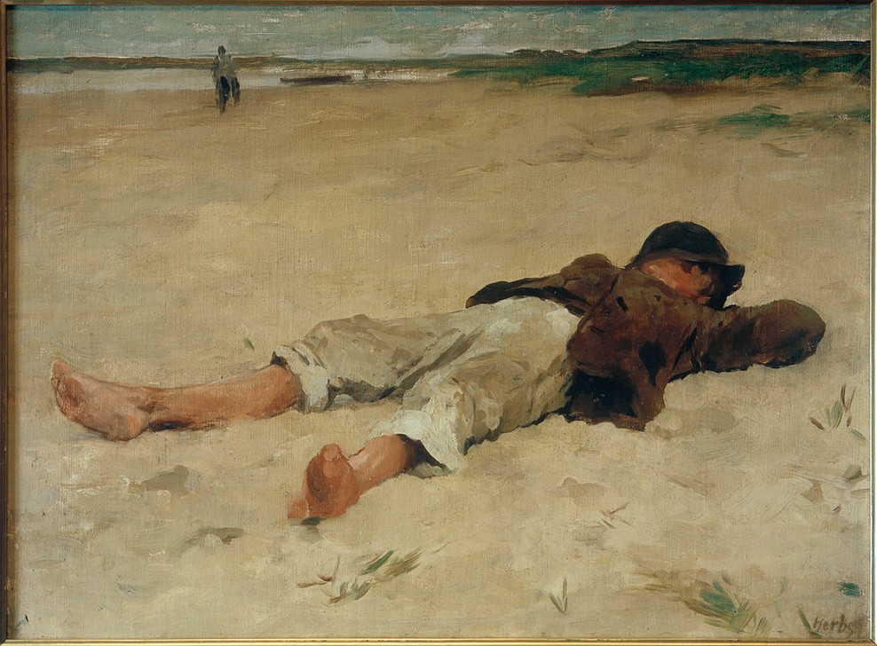 Thomas Ludwig Herbst, Liegender Bauernjunge (Bauer (Landwirt),Deutsche Kunst,Dorfkind,Dorf,Kind,Kopfbedeckung,Kunst,Landschaft,Mensch,Freizeit,Impressionismus,Hut,Portrait,Im Freien (Allgemein),Knabe,Landleben,Kinderleben,Ausruhen,Landbevölkerung,Liegen,Ganzfigurig,Dorfbewohner,Hamburgischer Künstle)