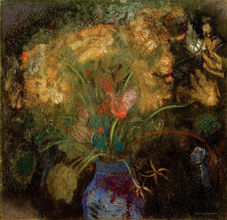 Odilon Redon, Fleurs oranges dans un vase bleu sur fond noir (Postimpressionismus, Stillleben, Blumenvase, Blüten, Blumen, floral, klassische Moderne, Malerei, Wohnzimmer, Esszimmer, Treppenhaus, Wunschgröße, bunt)