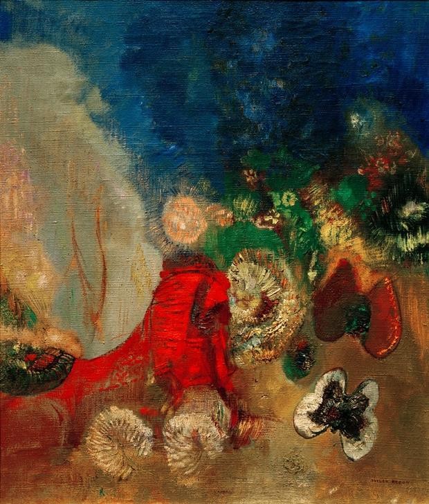 Odilon Redon, Le Sphinx Rouge (Kunst,Mythologie,Sphinx,Symbolismus,Fabelwesen,Schmetterling,Französische Kunst,Blume,Rot,Privatsammlung,Griechisch-Römische Mythologie,Signatur,Farbe)