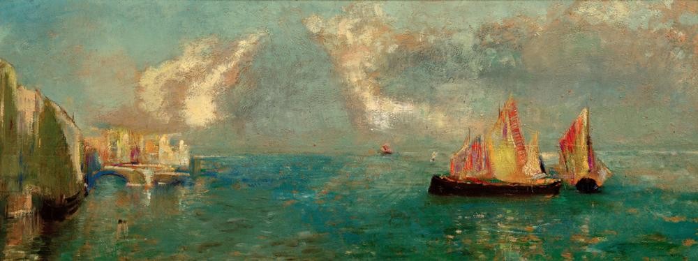 Odilon Redon, Vue de Venise (Boot,Geographie,Kunst,Schiff,Segelschiff,Stadt,Gondel,Impressionismus,Segelboot,Symbolismus,Marinemalerei,Lagune,Stadtansicht,Französische Kunst,Binnenschiffahrt,Ansicht,Jahrhundertwende,Topographie,Privatsammlung,Schifffahrt)
