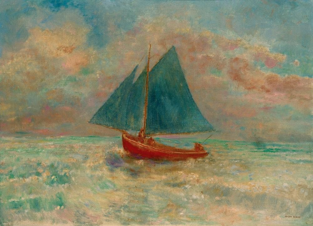 Odilon Redon, Le bateau rouge (Boot,Kunst,Landschaft,Schiff,Schiffstypen,Segelschiff,Meer,Impressionismus,Segelboot,Symbolismus,Marinemalerei,Französische Kunst,Signatur,Schifffahrt)