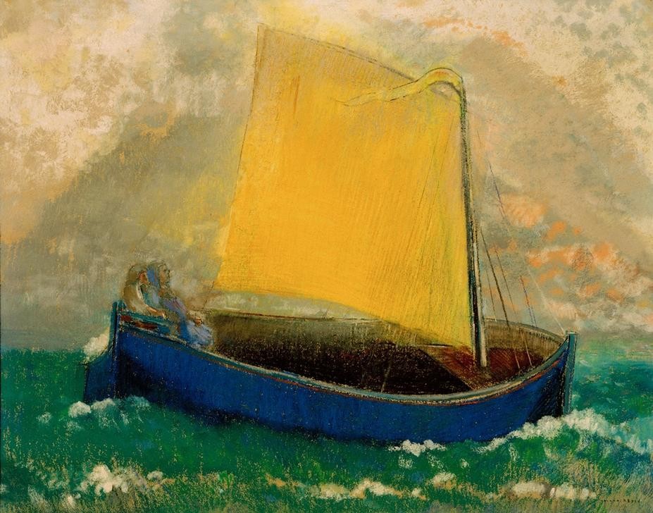 Odilon Redon, La Barque mystique (Boot,Kunst,Mensch,Schiff,Segelschiff,Tod,Meer,Segelboot,Symbolismus,Allegorie,Barke,Französische Kunst,Leben Nach Dem Tode,Mystik,Jenseitsvorstellungen,Gelb,Segel,Symbolik,Schifffahrt,Farbe)
