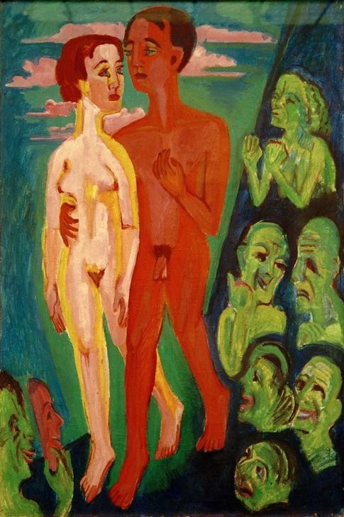 Ernst Ludwig Kirchner, Das Paar vor den Menschen (Deutsche Kunst,Frau,Gesellschaft,Liebe Und Ehe,Liebespaar,Mann,Mensch,Spott,Akt,Expressionismus,Umarmung,Die Brücke,Nacktheit,Paar,Gesicht,Aussenseiter,Spiessrutenlauf,Zwischenmenschliche Beziehungen,Maske (Gegenstand),Ablehnung)