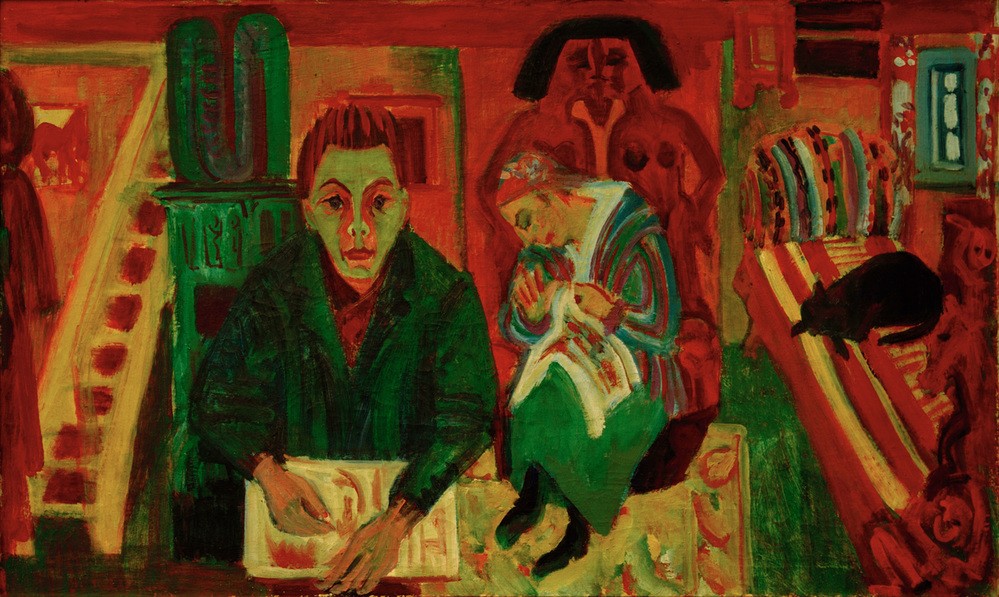 Ernst Ludwig Kirchner, Das Wohnzimmer (Deutsche Kunst,Ehepaar,Familie,Gesellschaft,Handarbeit,Katze (Tier),Mensch,Wohnzimmer,Treppe,Expressionismus,Ofen (Heizung),Interieur,Die Brücke,Wohnen Und Arbeiten)