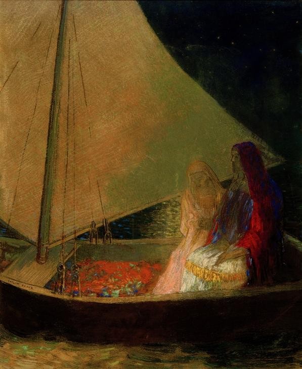 Odilon Redon, La Barque (Boot,Kunst,Mensch,Schiff,Segelschiff,Tod,Meer,Segelboot,Symbolismus,Allegorie,Barke,Französische Kunst,Leben Nach Dem Tode,Mystik,Paar,Jenseitsvorstellungen,Jahrhundertwende,Dunkelheit,Symbolik,Schifffahrt)