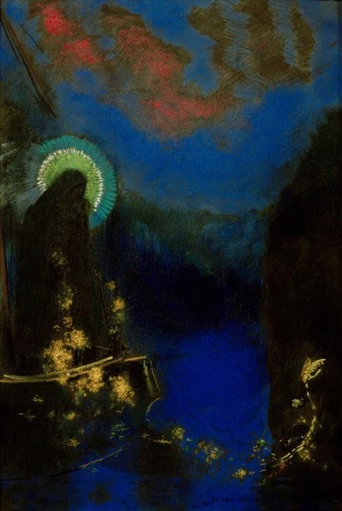 Odilon Redon, Vierge nimbée (Boot,Christentum,Frau,Heilige,Kunst,Mensch,Religion,Schiff,Segelschiff,Tod,Meer,Segelboot,Symbolismus,Allegorie,Jungfrau,Barke,Französische Kunst,Leben Nach Dem Tode,Mystik,Heiligenschein,Jenseitsvorstellungen,Blau,Jahrhundertwende,Signatur,Symbolik,Schif)