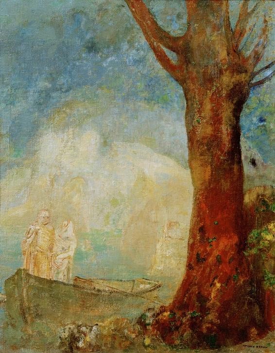 Odilon Redon, La Barque (Boot,Kunst,Landschaft,Mensch,Schiff,Tod,Symbolismus,Allegorie,Baum,Barke,Französische Kunst,Leben Nach Dem Tode,Mystik,Paar,Jenseitsvorstellungen,Jahrhundertwende,Signatur,Symbolik,Schifffahrt)