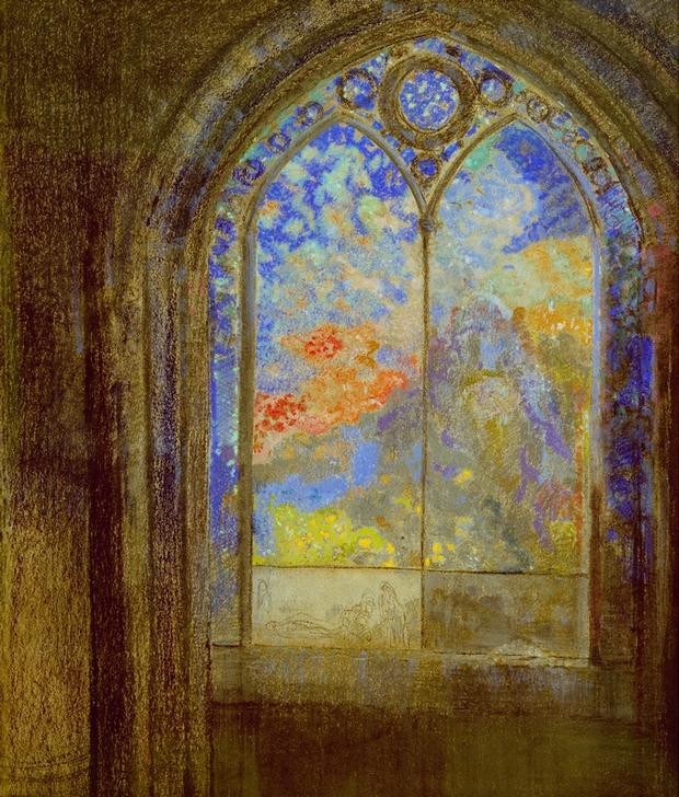 Odilon Redon, Le Vitrail / Le jardin mystérieux (Architektur,Christentum,Fenster,Kirche,Kunst,Religion,Symbolismus,Architekturdarstellung,Französische Kunst,Mystik,Innenansicht,Glasfenster,Jahrhundertwende,Privatsammlung,Spitzbogen,Ausblick,Aussicht,Garten)