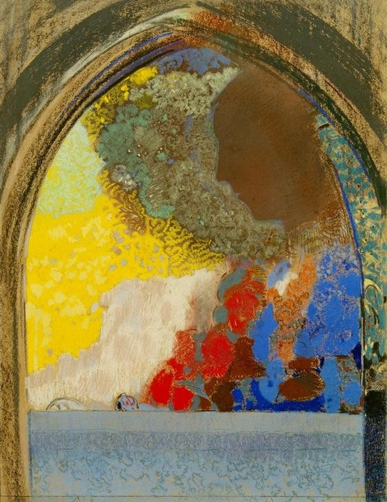 Odilon Redon, Le Vitrail / Béatrice (Architektur,Fenster,Frau,Kunst,Literatur,Mensch,Symbolismus,Portrait,Französische Kunst,Profil,Kopf,Blume,Jahrhundertwende,Durchblick,Person,Spitzbogen,Bogen (Architektur),Ausblick,Aussicht,Garten)