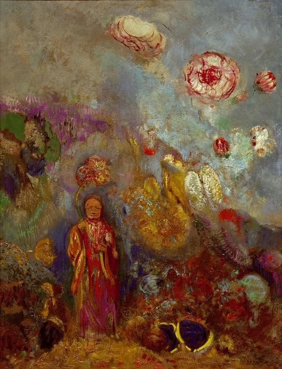Odilon Redon, Bouddha et fleurs (Buddhismus,Kunst,Landschaft,Religion,Symbolismus,Französische Kunst,Götter,Gott,Blume,Gottheit,Privatsammlung)