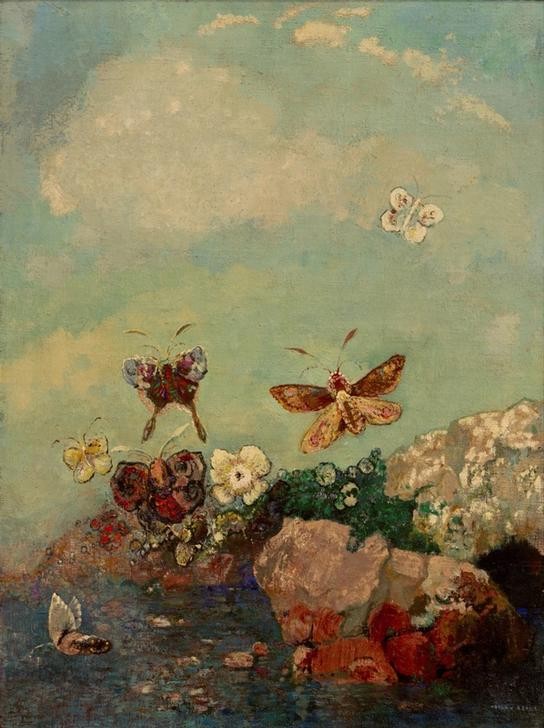 Odilon Redon, Papillons (Entomologie,Gewässer,Himmel (Natur),Kunst,Landschaft,Zoologie,Symbolismus,Insekt,Schmetterling,Felsen,Französische Kunst,Tier,Blume,Tierpräparat,Signatur)