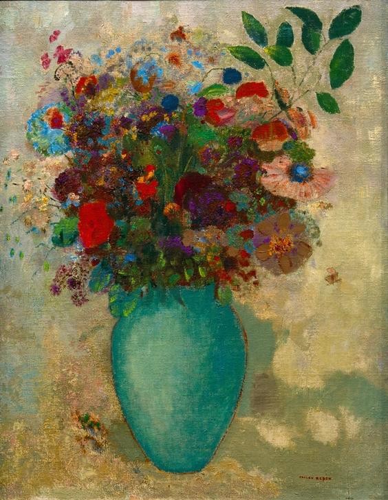 Odilon Redon, Le Grand Vase turquoise (Botanik,Kunst,Symbolismus,Stillleben,Blumenstrauss,Vase,Französische Kunst,Blume,Türkis (Farbe),Signatur,Farbe)