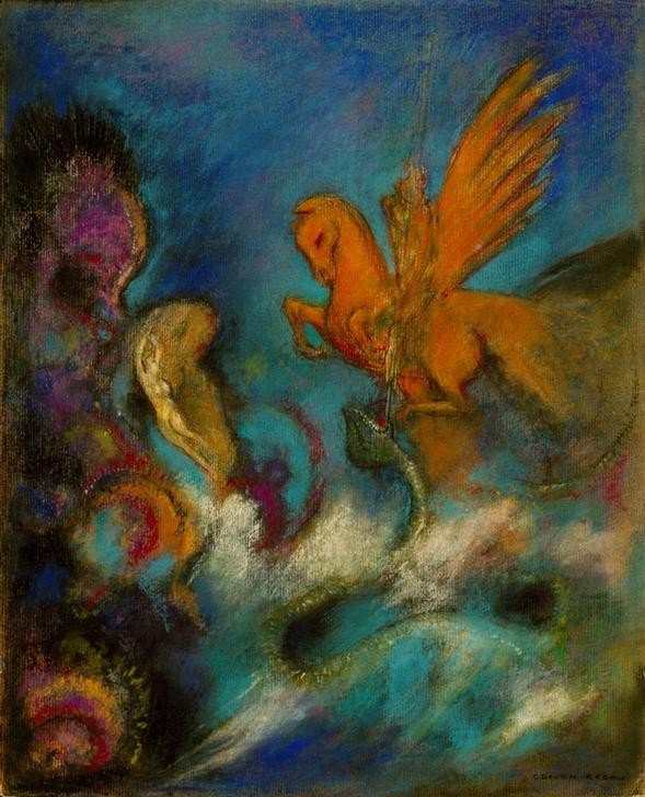 Odilon Redon, Roger et Angélique / Persée et Andromède (Frau,Held,Kunst,Literatur,Mann,Mythologie,Pferd (Tier),Ritter,Reiter,Symbolismus,Akt,Fabelwesen,Kampf Zwischen Mensch Und Tier,Gefangenenbefreiung,Befreiung (Gefangenschaft),Ungeheuer,Französische Kunst,Kampf,Gefangenschaft,Heros,Tier,Epos,Gefangene,Drach)