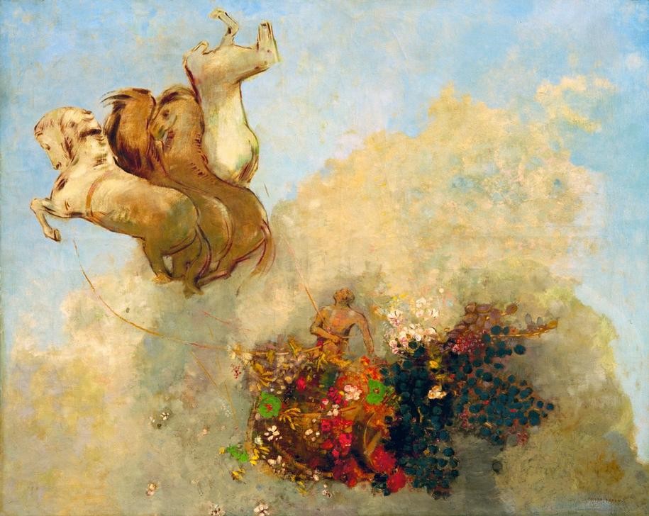 Odilon Redon, Quadrige (Kunst,Mythologie,Pferd (Tier),Pferdewagen,Sonne,Symbolismus,Quadriga,Streitwagen,Französische Kunst,Götter,Licht,Gespann,Tier,Gott,Blume,Sonnenwagen,Privatsammlung,Pferdegespann,Griechisch-Römische Mythologie,Signatur)