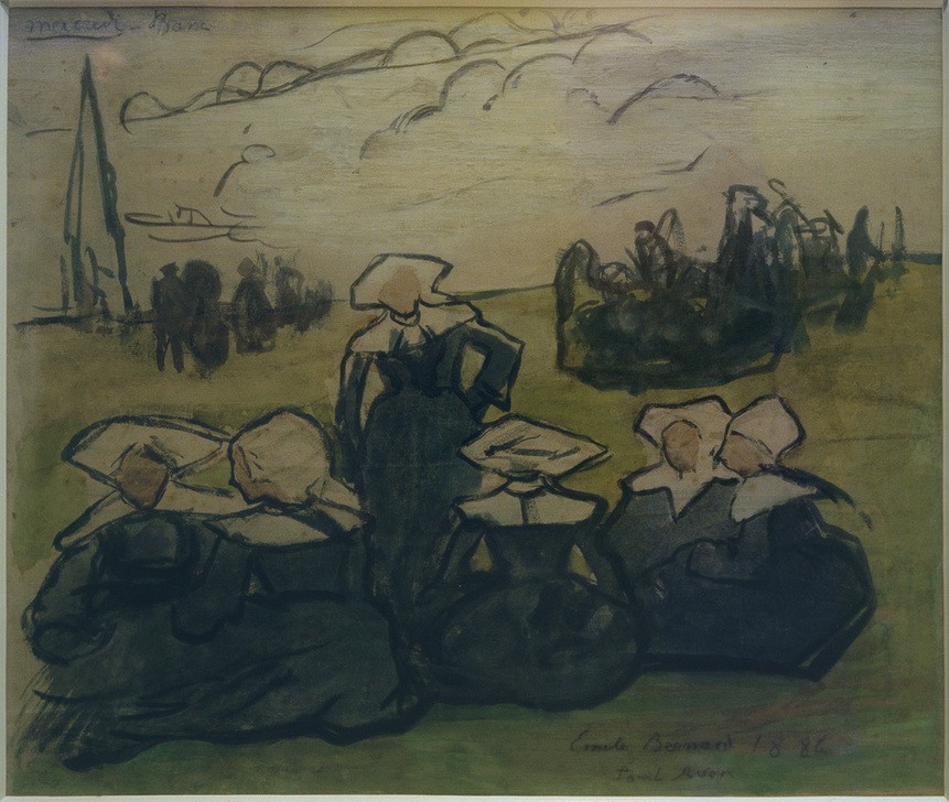 Emile Bernard, Bretoninnen auf der Wiese (Volkskunde, bretonische Frauen, Tracht, Hauben, Landleben, Bäuerinnen, Schule von Pont-Aven,  Malerei, Cloisonismus, Klassische Moderne,  Wohnzimmer, Wunschgröße, bunt)
