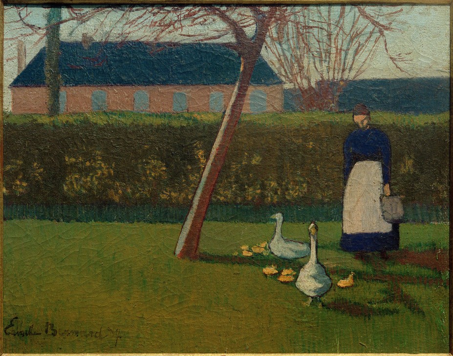 Emile Bernard, Frau mit Gänsen (Landleben, Bauernhof, Gänsemagdt, Gänse, Frau, Schule von Pont-Aven,  Malerei, Pointilismus, Klassische Moderne,  Wohnzimmer, Wunschgröße, bunt)