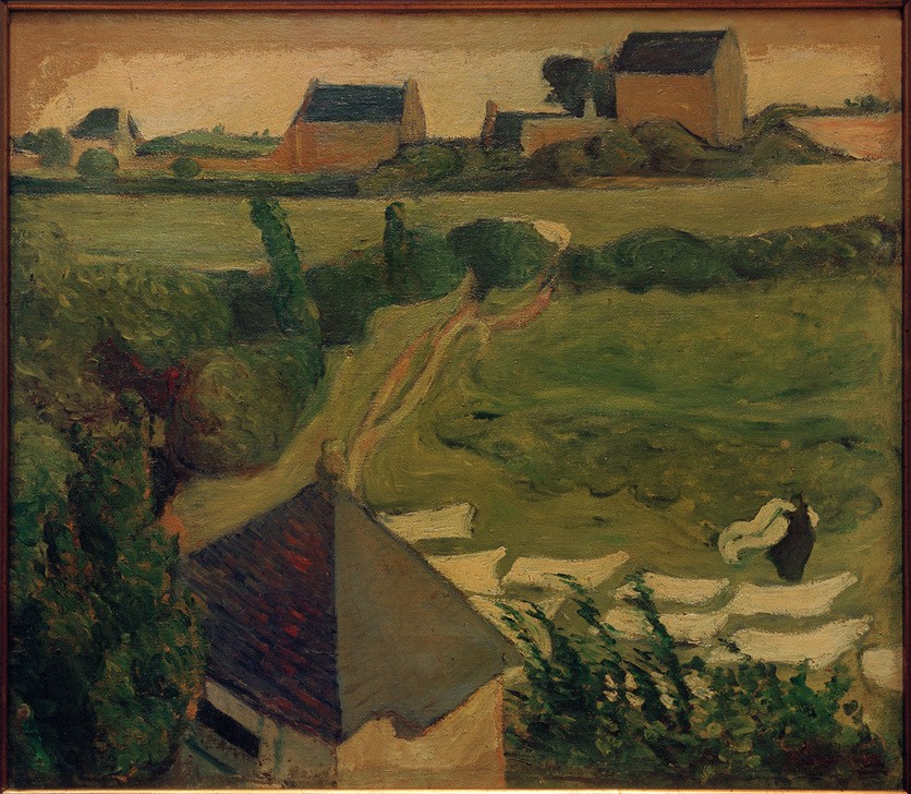Emile Bernard, Ansicht von Saint-Briac mit Wäsche (Arbeit,Frau,Haus,Hausarbeit,Kunst,Landschaft,Mensch,Stadt,Textil,Waschen,Wiese,Bleiche,Französische Kunst,Im Freien (Allgemein),Wäsche,Ansicht,Wäschebleiche,Frauenleben,Frauenarbeit,Trocknung,Schule Von Pont-Aven)